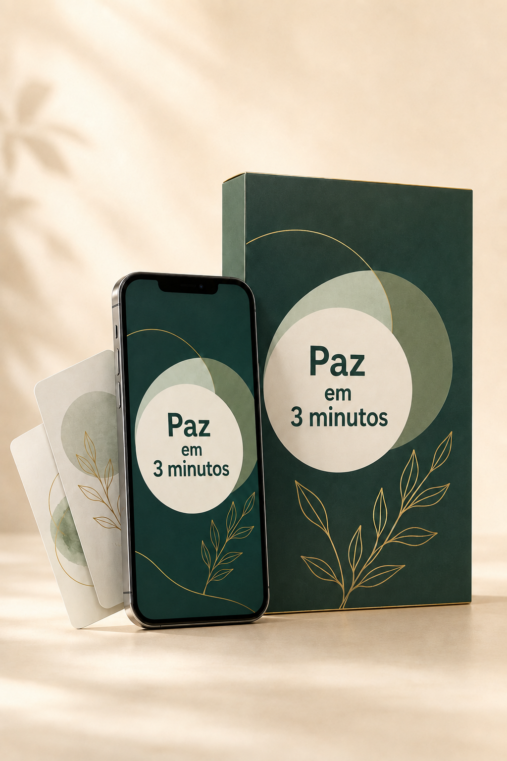 App Paz em 3 minutos no celular ao lado da caixa do kit devocional